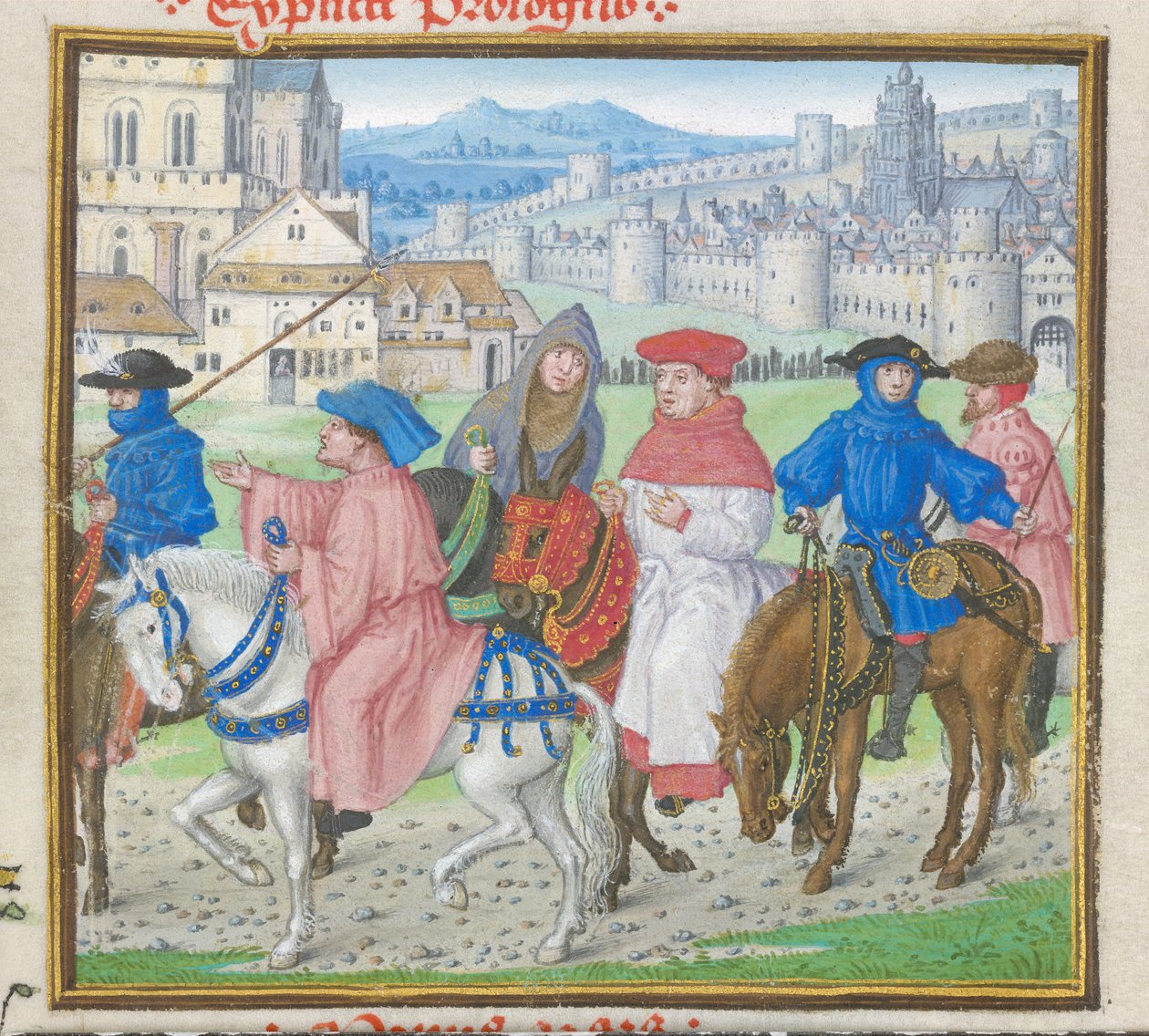 Royal 18 D II f.148 Lydgate e os peregrinos de Canterbury saindo de Canterbury do 