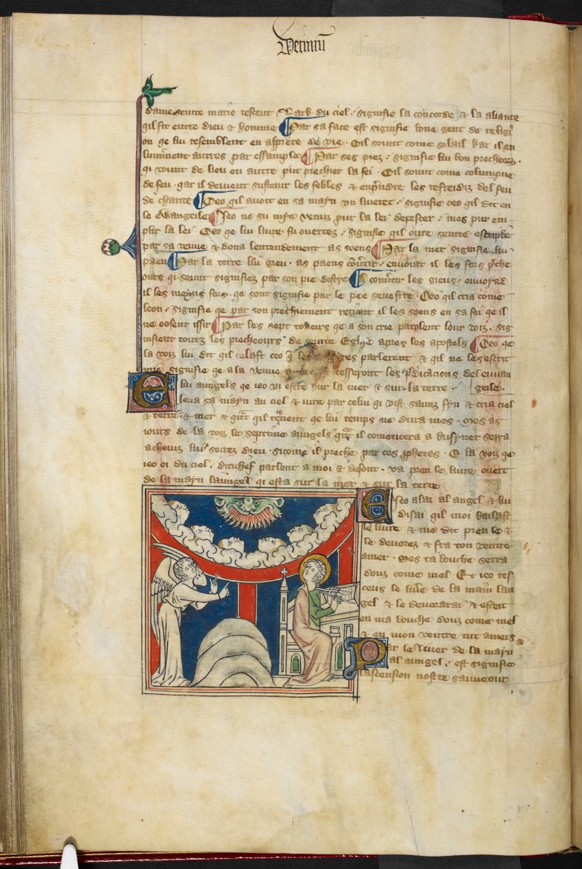 Royal 19 B.XV, f.17v Uma boca de leão e num arco invertido de nuvem seis cabeças representando os sete trovões: em baixo, à esquerda, o anjo, e à direita, João prestes a escrever no livro, de 
