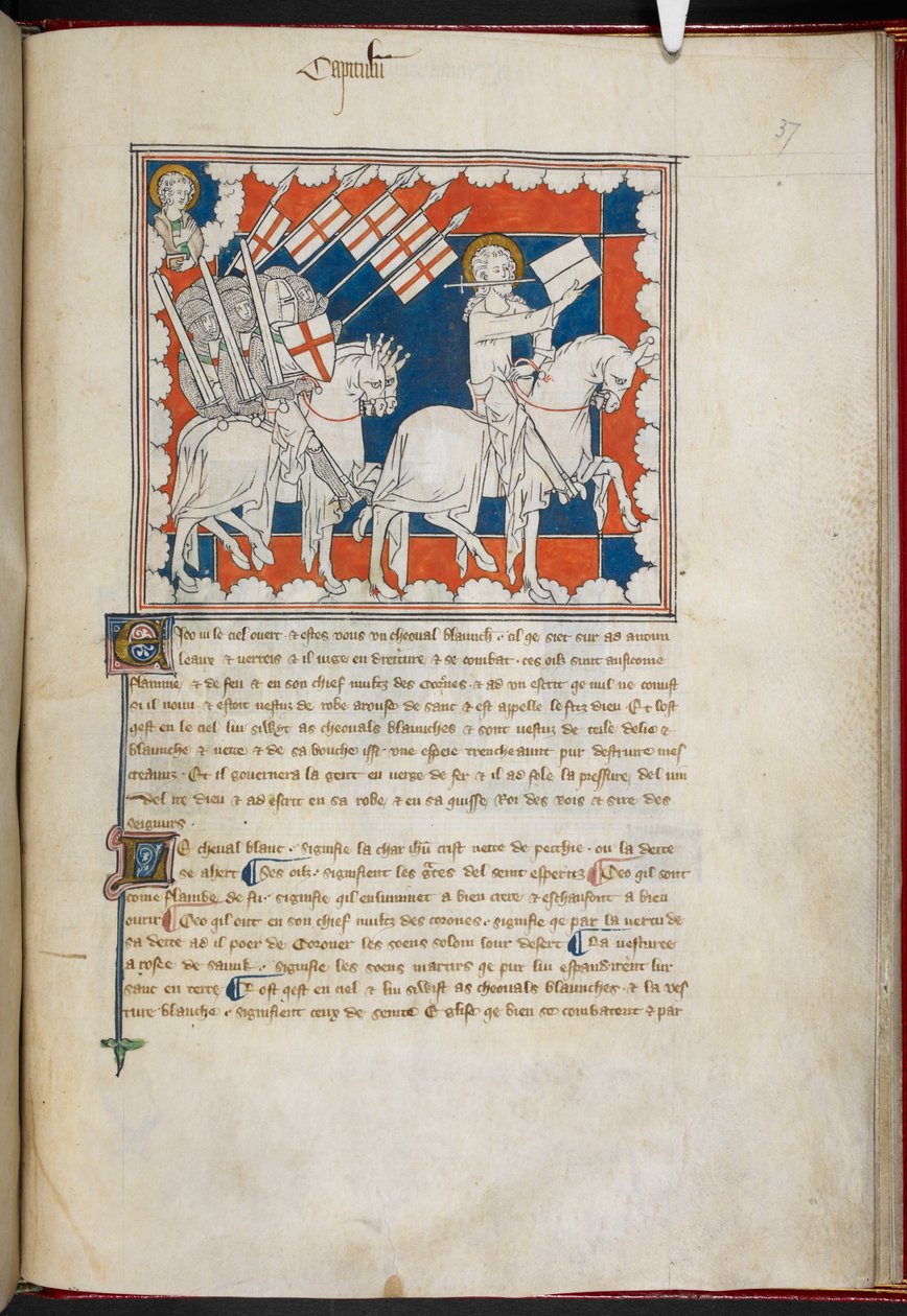 Royal 19 B.XV, f.37 The Rider on the white horse and his followers; John acima, à esquerda, de 