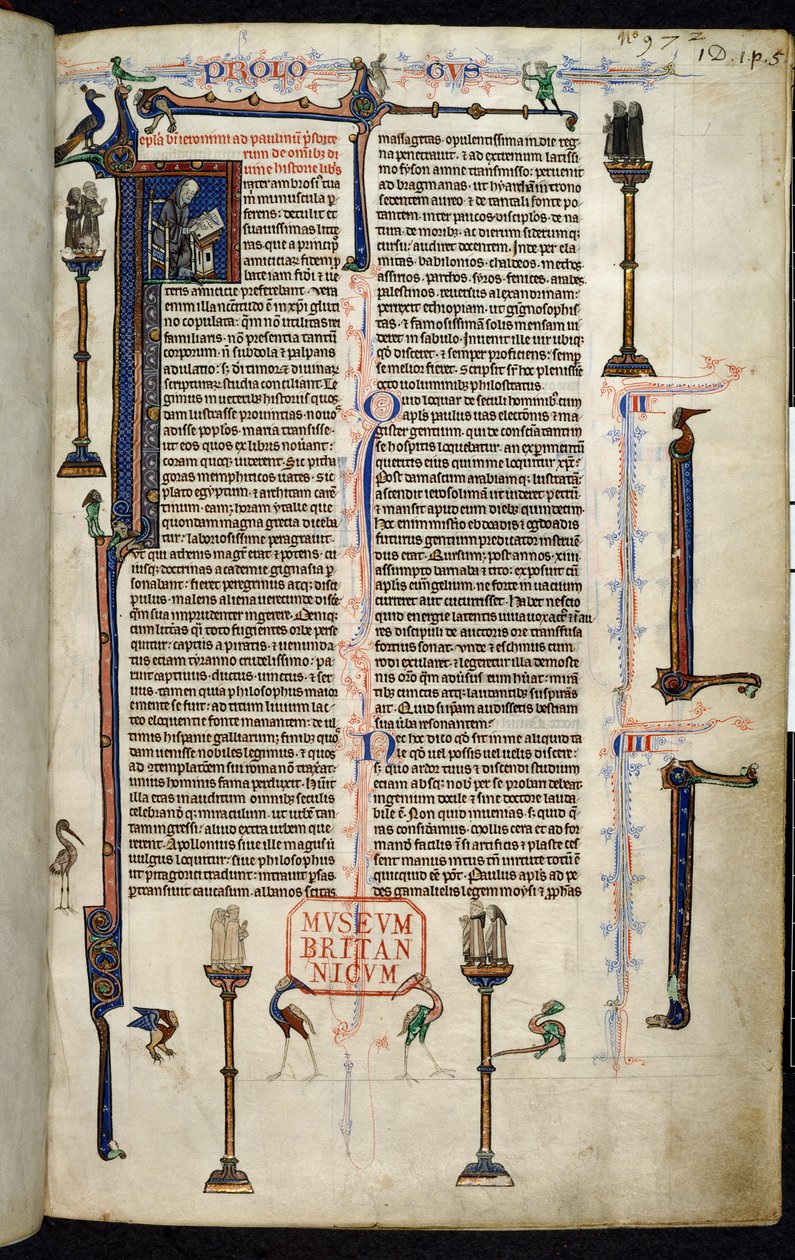 Real 1 D I, f.1r, Jerônimo, frades em colunas, da Bíblia de Guilherme de Devon (vellum) de English School
