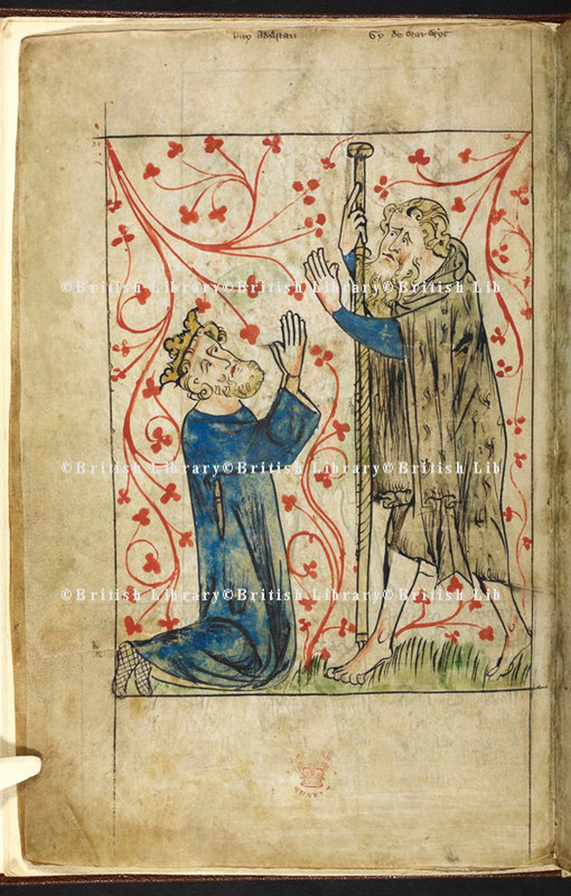 Royal 20 A. II, f.4v Rei Athelstan ajoelhado diante de Guy de Warwick, vestido como um Palmer, ilustração da 