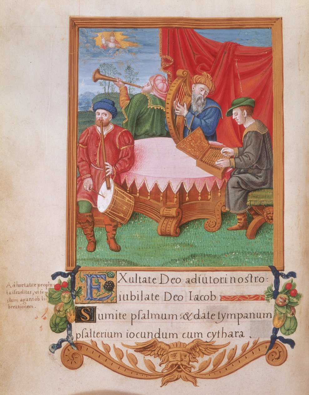 Royal 2 A.XVI fol.98v músicos Tudor, do Saltério de Henrique VIII, c.1530-47 (velino) de English School