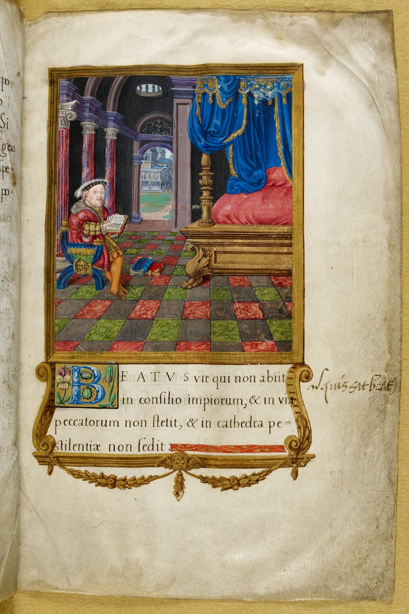 Real 2 A. XVI, f.3 Rei Henrique VIII sentado lendo, em seu quarto, ilustração do 
