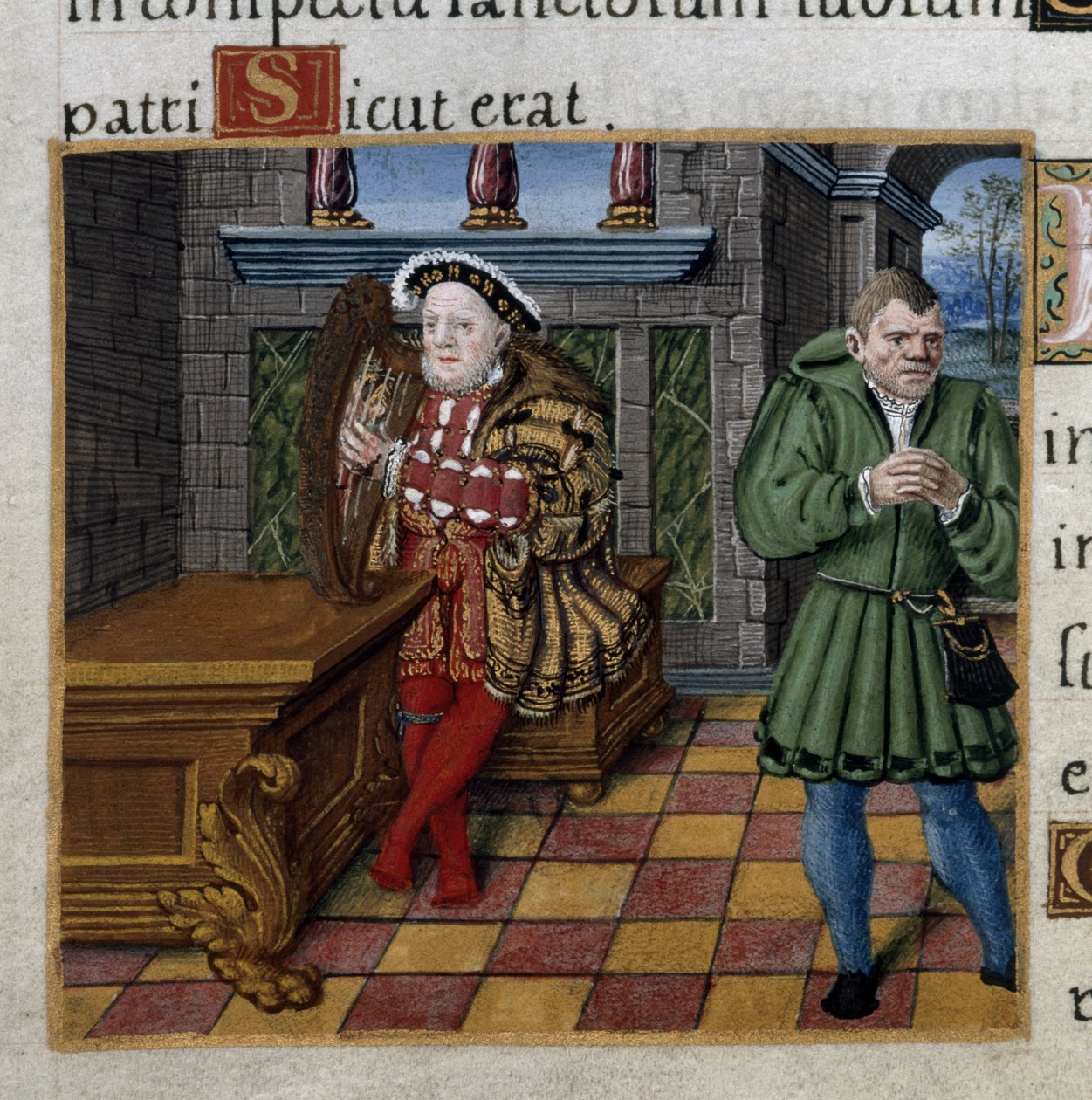 Real 2 A. XVI, f.63v Henrique VIII com uma harpa e o seu bobo, William Somers, Salmo 52, do 