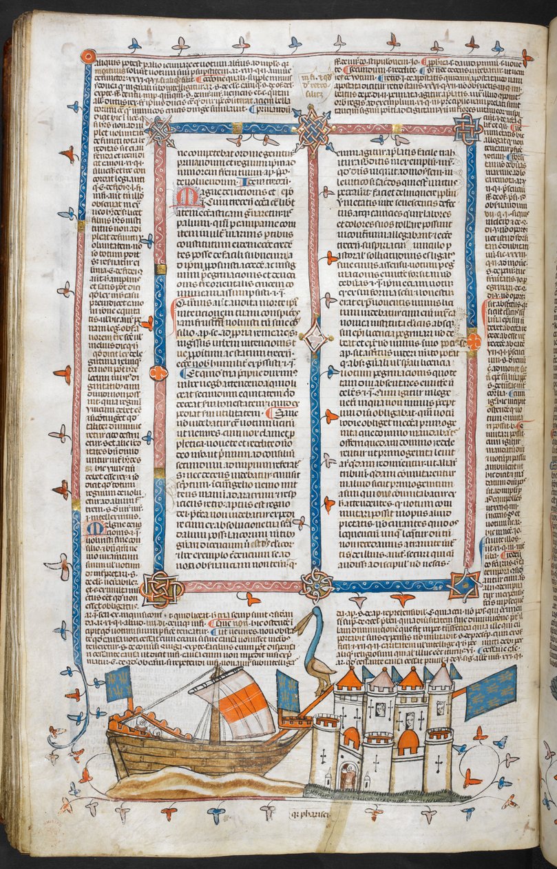 Royal MS 10 IV f.208v Ataque Naval e Decoração Marginal, ilustração de 