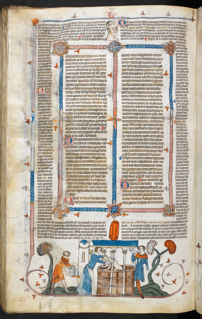 Royal MS 10 IV f.297v Bathing a Plague Victim and Marginal Decoration, ilustração de 