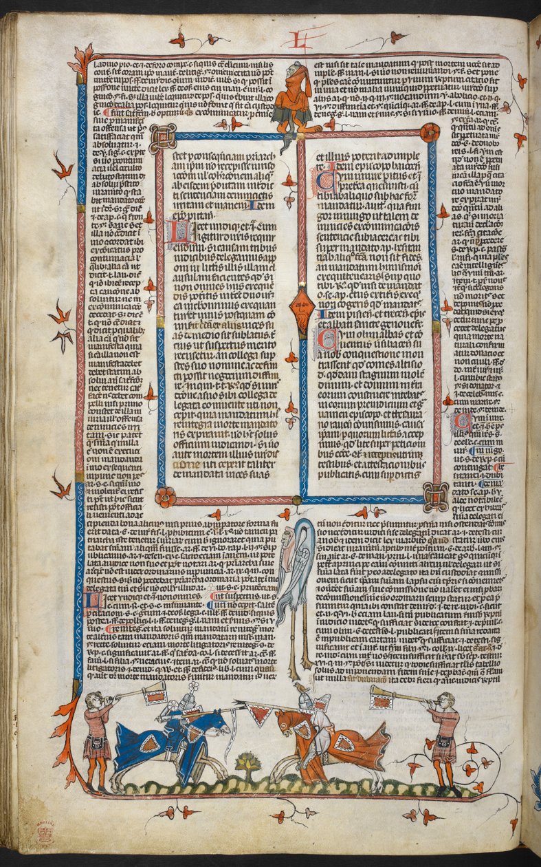 Royal MS 10 iv f.065v Cavaleiros Justa com decoração marginal, ilustração dos 