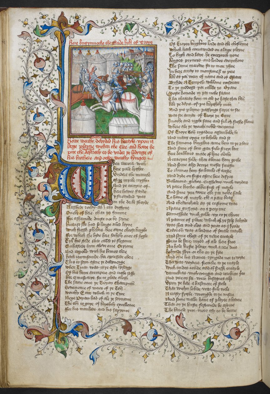 Royal MS 18 D II, f.66v, Miniatura de Heitor matando Pátroclo, com uma inicial iluminada 