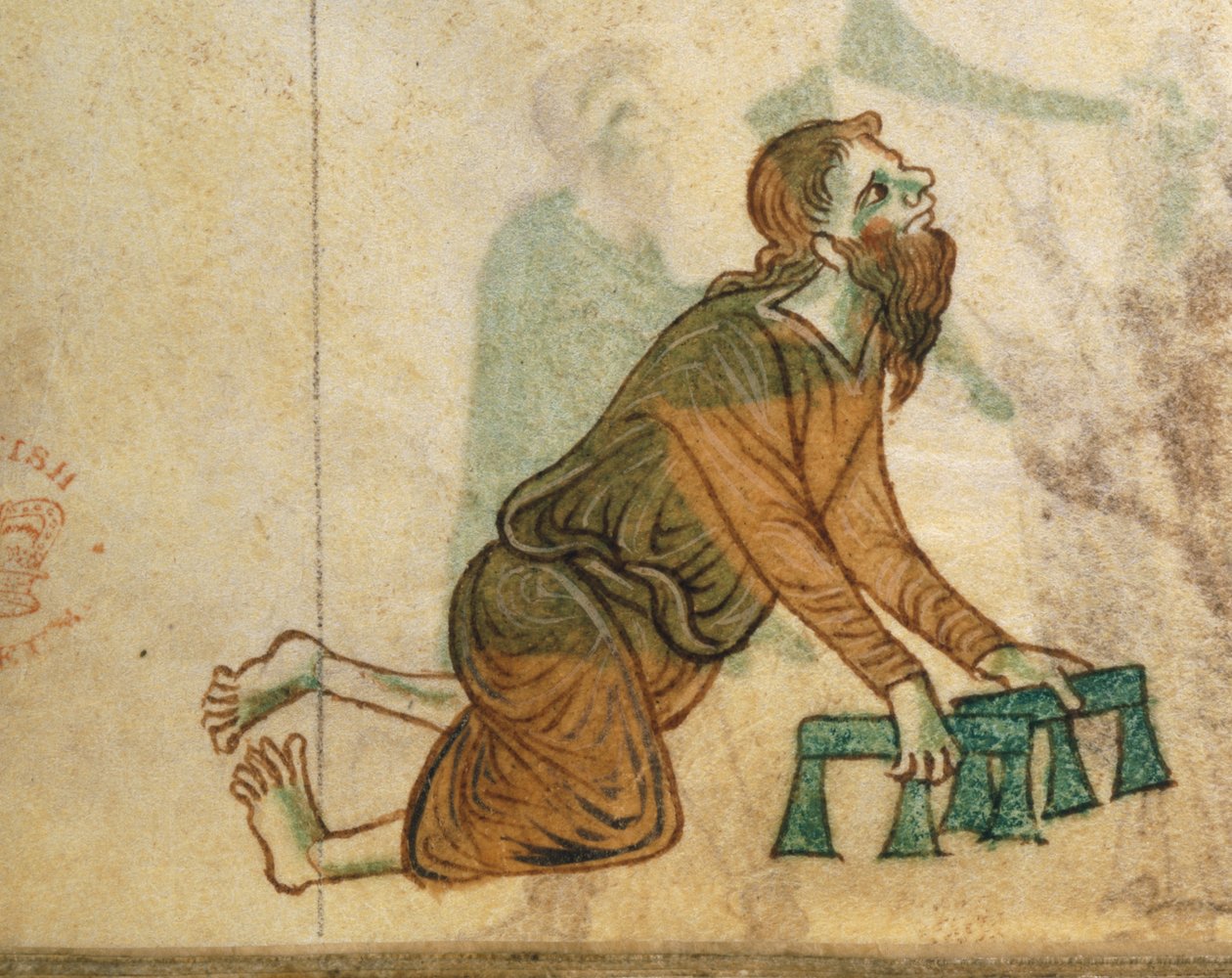 Royal Ms 13 B VIII fol.30v Um aleijado a rastejar de joelhos, de 