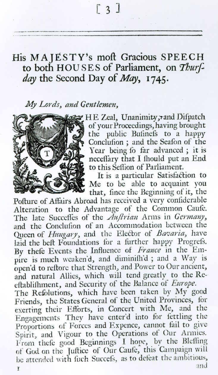 Discurso Real para as duas Casas do Parlamento, 2 de maio de 1745 (impresso) de English School