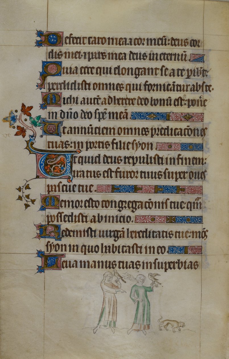 Royal ms 2_B VII f.177v Cena bas-de-página de duas mulheres portadoras de falcões, e um pequeno cão à sua frente, com uma inicial habitada, ilustração da 