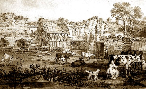 Casa senhorial arruinada com vacas em ordenha, c.1800 (recinto e tinta sépia sobre papel) de English School