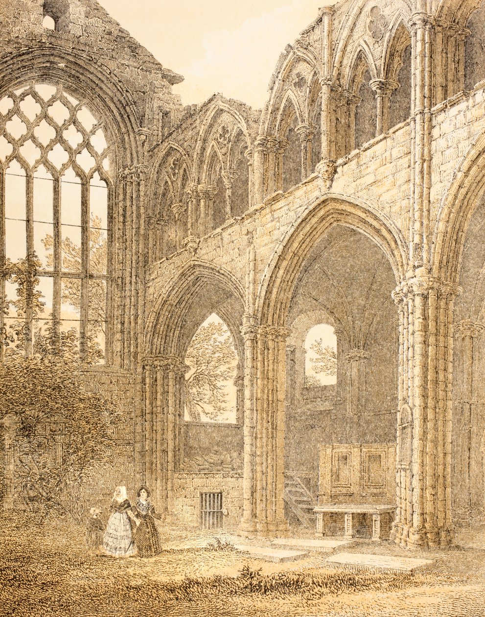 Ruínas da Abadia de Holyrood e a entrada para o Royal Vault, de The Scots Worthies por John Howie, segunda edição publicada em 1879 de English School