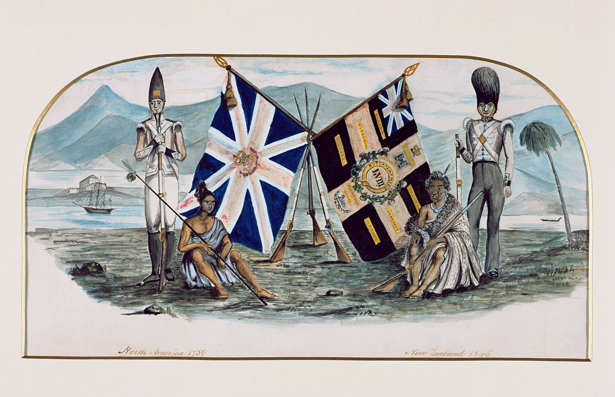 Regimento de Rutlandshire, América do Norte 1759, Nova Zelândia 1845, c.1850 (wc no papel) de English School