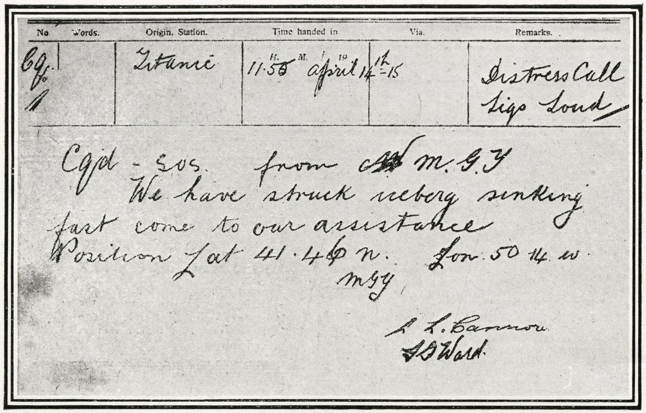 Mensagem SOS recebida pelo navio russo Birma, cerca de cinco minutos depois do Titanic ter atingido um iceberg em 15 de abril de 1912, em "The Sphere", 04 de maio de 1912 de English School