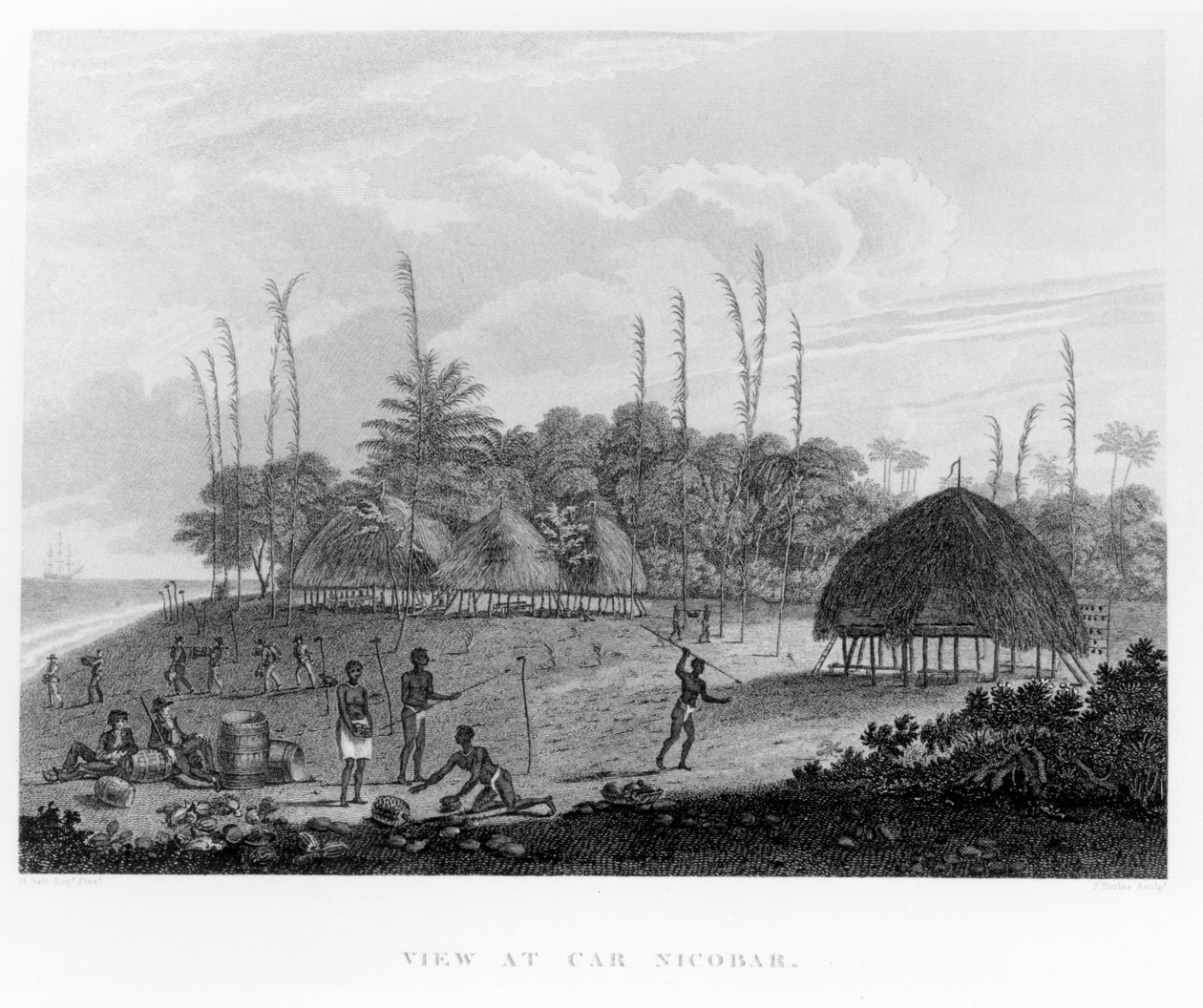 Marinheiros coletando provisões no Car Nicobar, de Voyages e Travels à Índia, Ceilão, O Mar Vermelho ... por George, Visconde Valentia, publicado em 1809 de English School