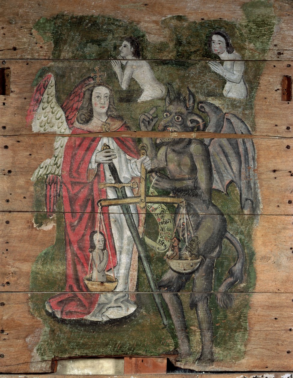 São Miguel e o Diabo, da Wenhaston Doom, c.1500-20 (madeira pintada) de English School