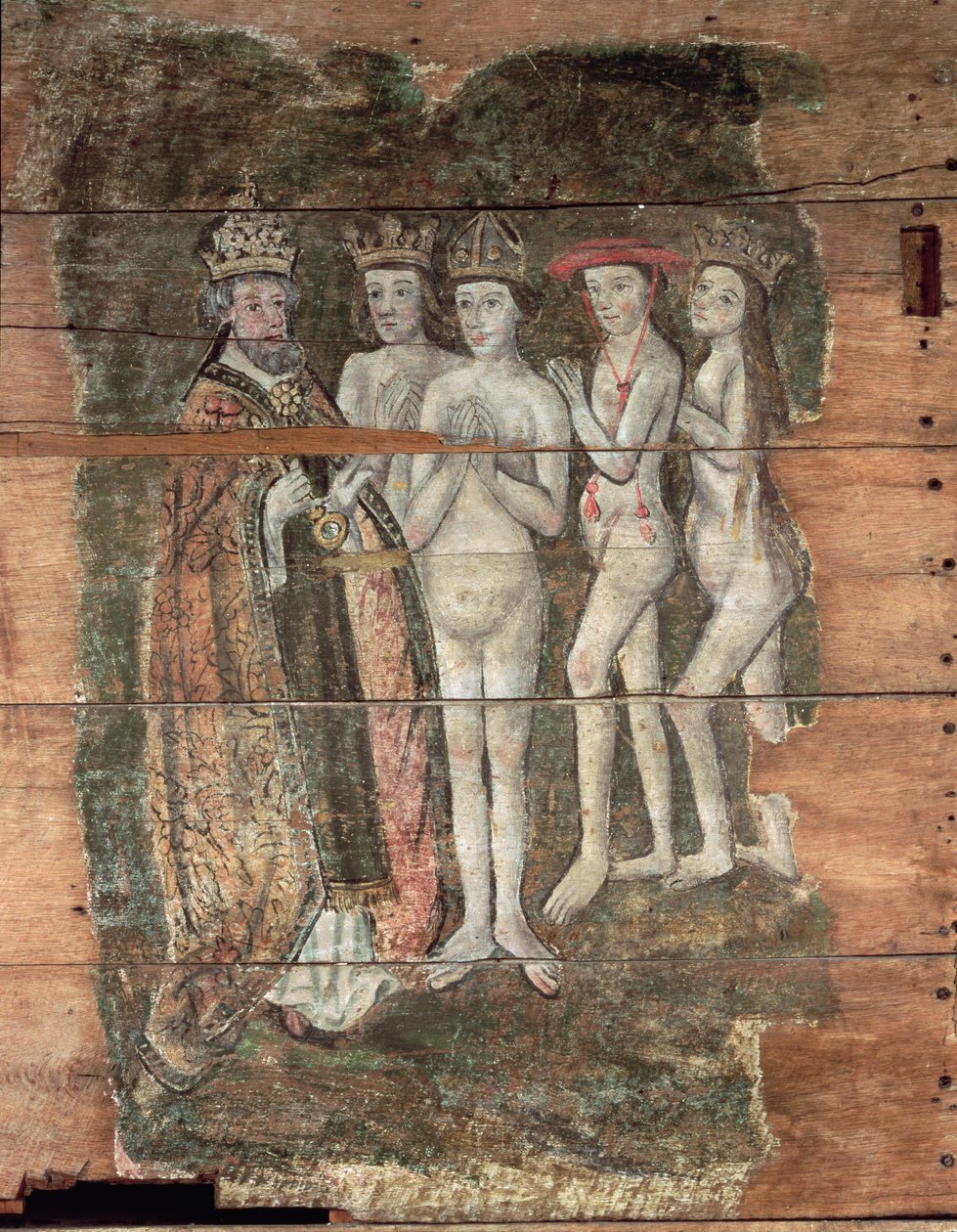 São Pedro recebendo a nobreza, da Wenhaston Doom, c.1500-20 (madeira pintada) de English School