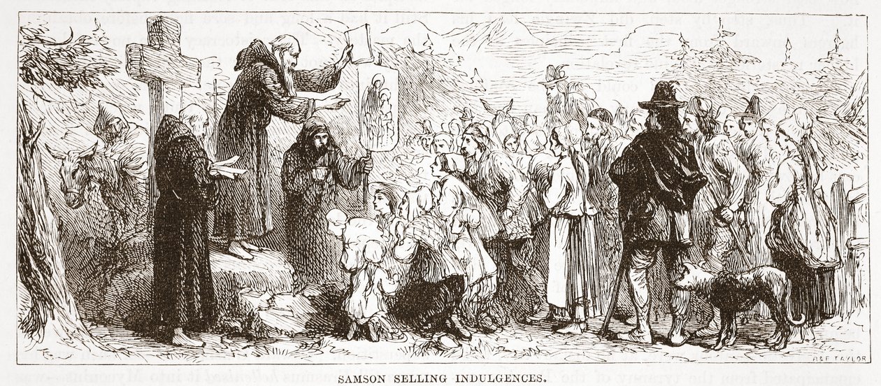 Sansão vendendo indulgências, ilustração da história do protestantismo por James Aitken Wylie (1808-1890), bar. 1878 de English School