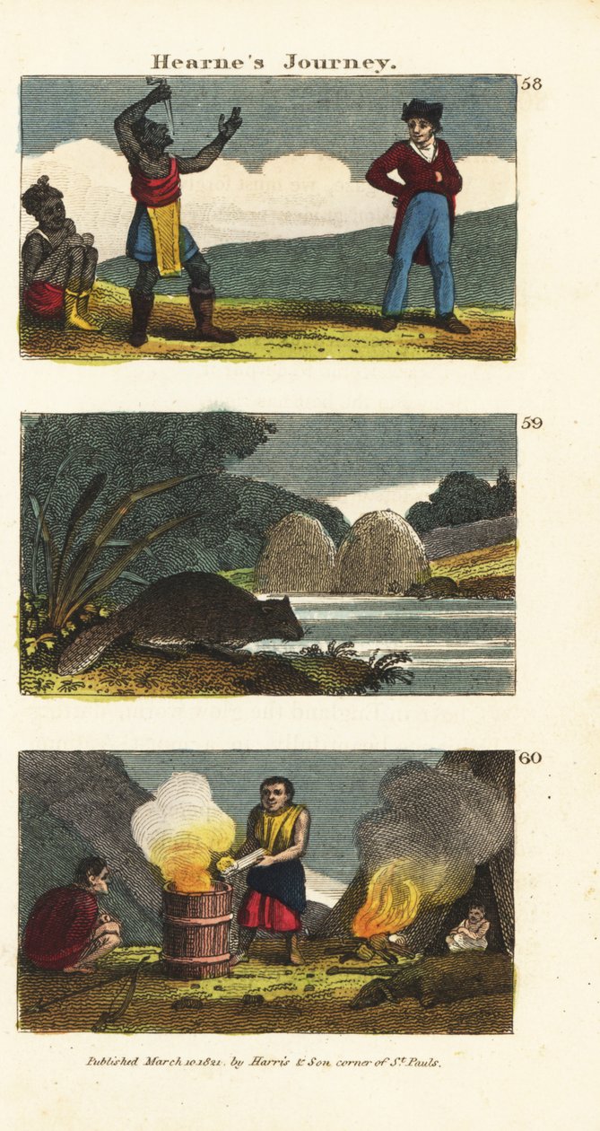 Samuel Hearne observando um nativo americano 58, castor norte-americano, Castor canadensis 59 e índios fervendo água em um barril de madeira com pedras quentes 60 de English School