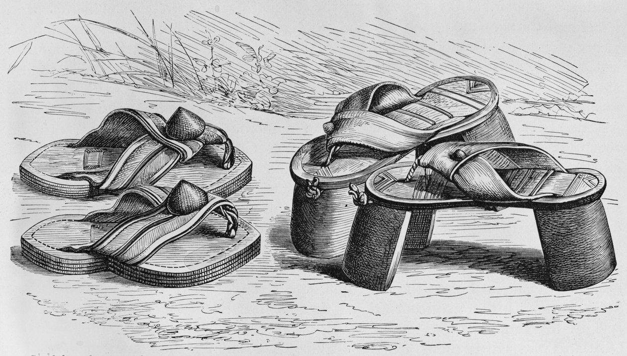 Sandálias e tapetes do West Soudan, possivelmente Mandingo, de "The History of Mankind", Vol.III, do Prof. Friedrich Ratzel, 1898 de English School
