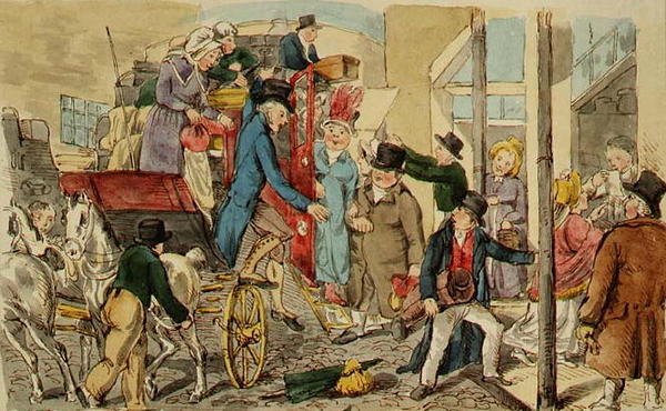 Cena em estaleiro, A Chegada de um Treinador, c.1820 (caneta e tinta e aguarela sobre papel) de English School