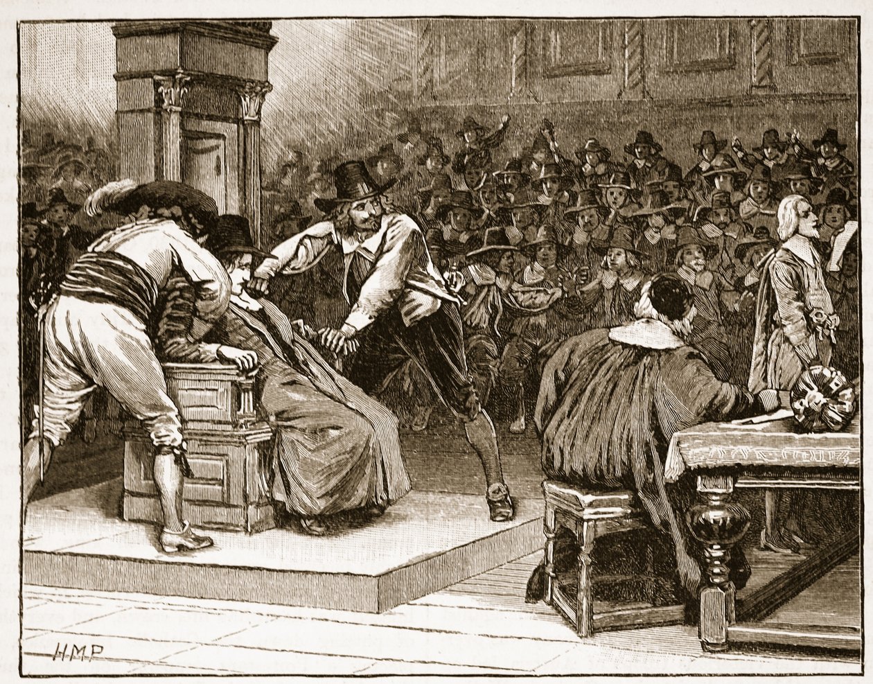Cena na Câmara dos Comuns: o orador coagido, ilustração da História Ilustrada de Cassells da Inglaterra (foto em sépia) de English School