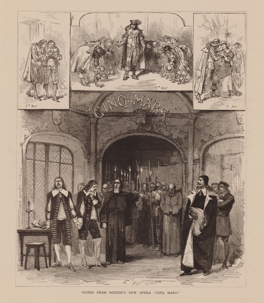 Cenas da nova ópera de Gounod "Cinq Mars" (gravura) de English School