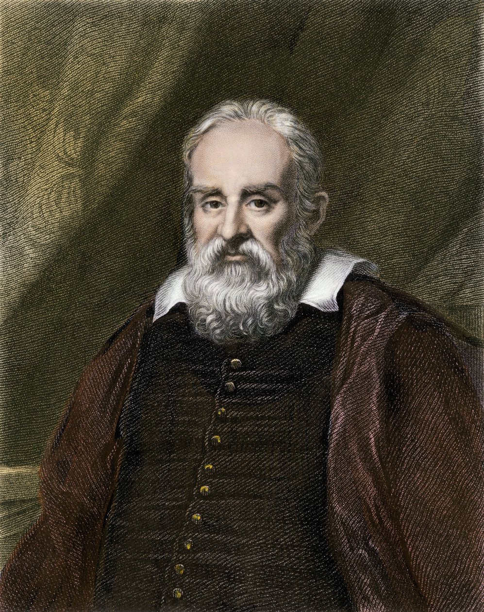 Ciências e cientistas: Retrato de Galileu Galilei dit Galilee, astrónomo italiano (1564-1642). Gravura a cores. de English School