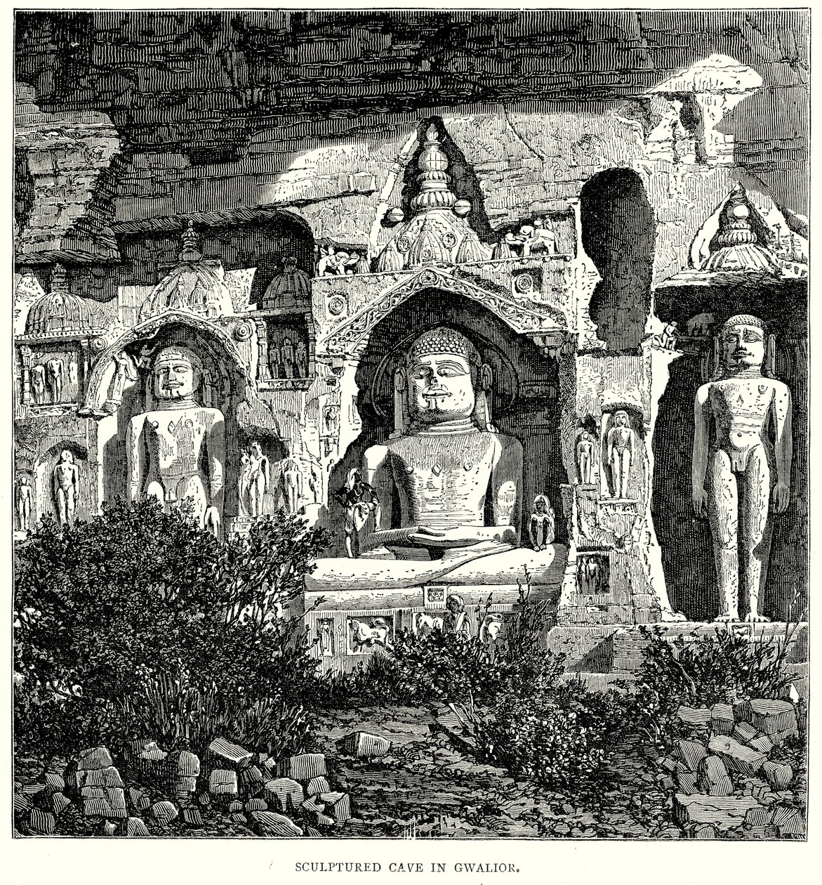 Gruta esculpida em Gwalior (gravura) de English School