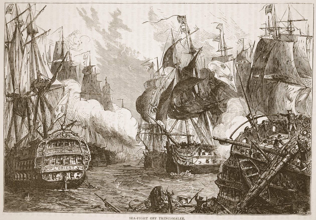 Mar-lute fora Trincomalee, ilustração da história ilustrada de Cassells da Índia por James Grant, bar. 1879 de English School