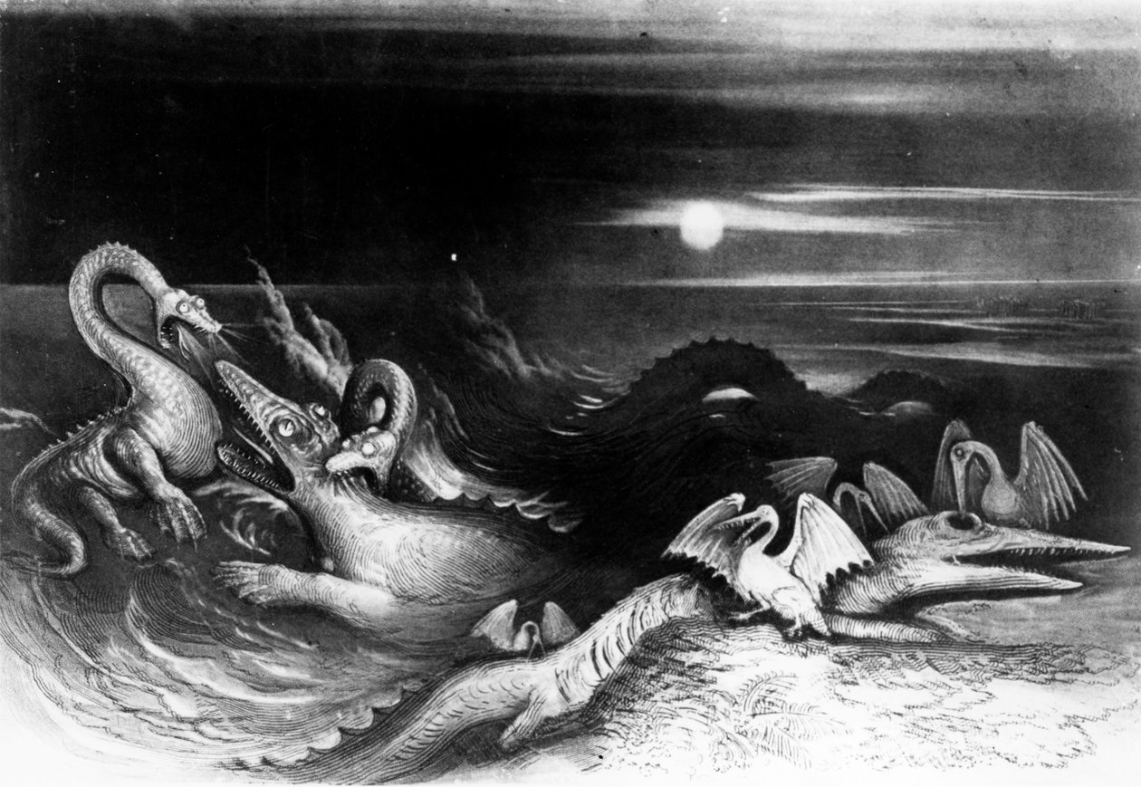 Luta dos Monstros Marinhos, de "Os Grandes Dragões do Mar", de Thomas Hawkins, 1840 (foto bw) de English School