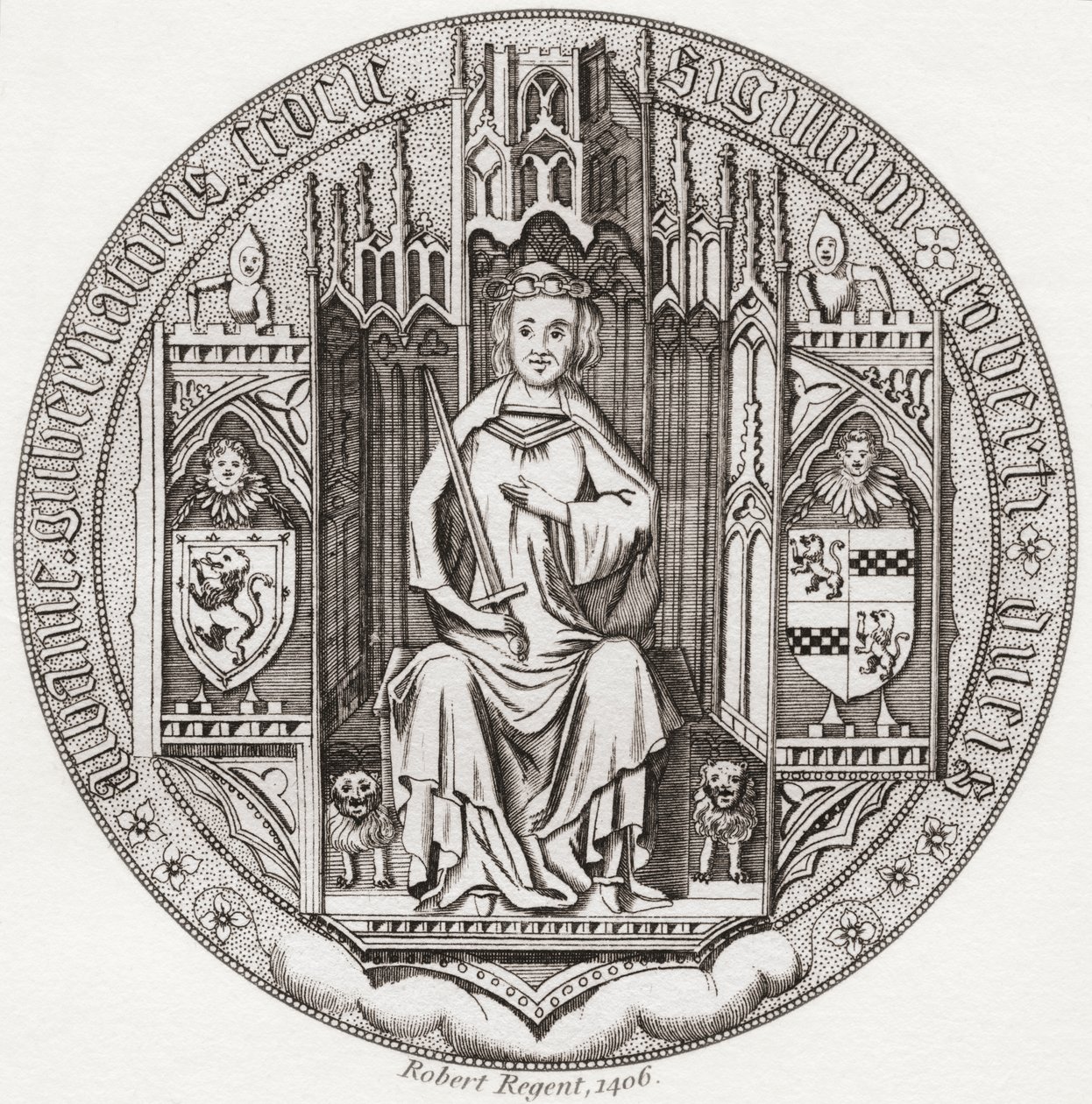 Selo de Robert Stewart, Duque de Albany, c. 1340 1420. Membro da casa real escocesa, regente, Governador da Escócia, Duque de Albany, Conde de Fife & Menteith. De Iconographia Scotica ou Portraits of Illustrious Persons of Scotland, publicado em 1797. de English School
