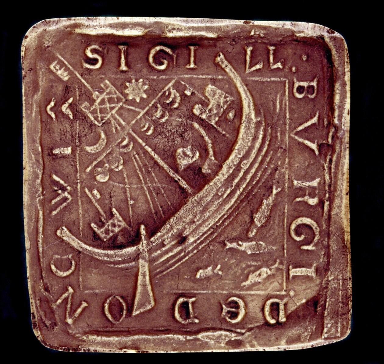 Selo da Cidade de Dunwich em Suffolk. Um navio está representado num mar agitado, provavelmente aludindo às tempestades que destruíram parte da cidade em 1286 e 1347. Século XIV. Paris, Arquivo Nacional de English School