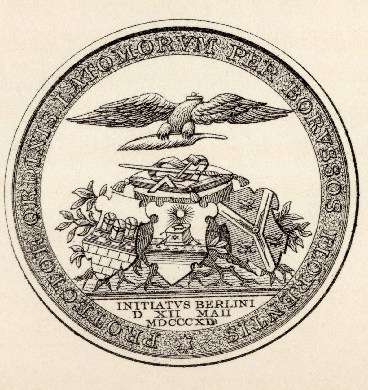 Selo dos Maçons de Berlim, 1812, de "A História da Maçonaria, volume III", publicado por Thomas C. Jack, Londres, 1883 de English School