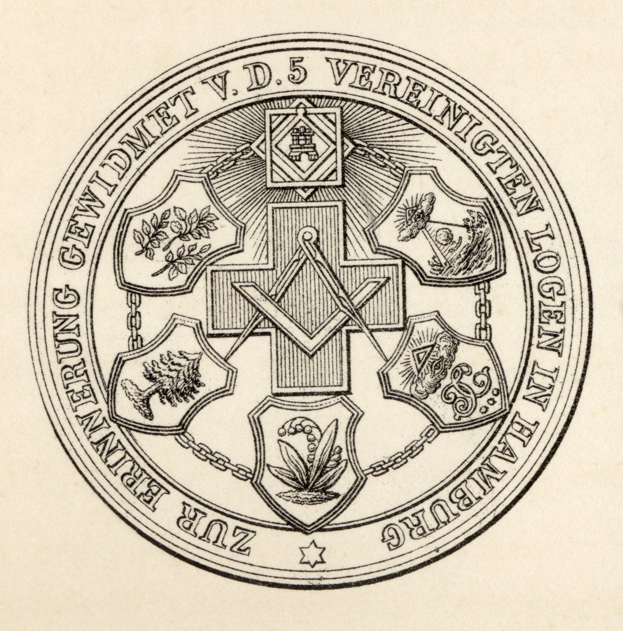 Selo dos Maçons de Hamburgo, de "A História da Maçonaria, volume III", publicado por Thomas C. Jack, Londres, 1883 de English School