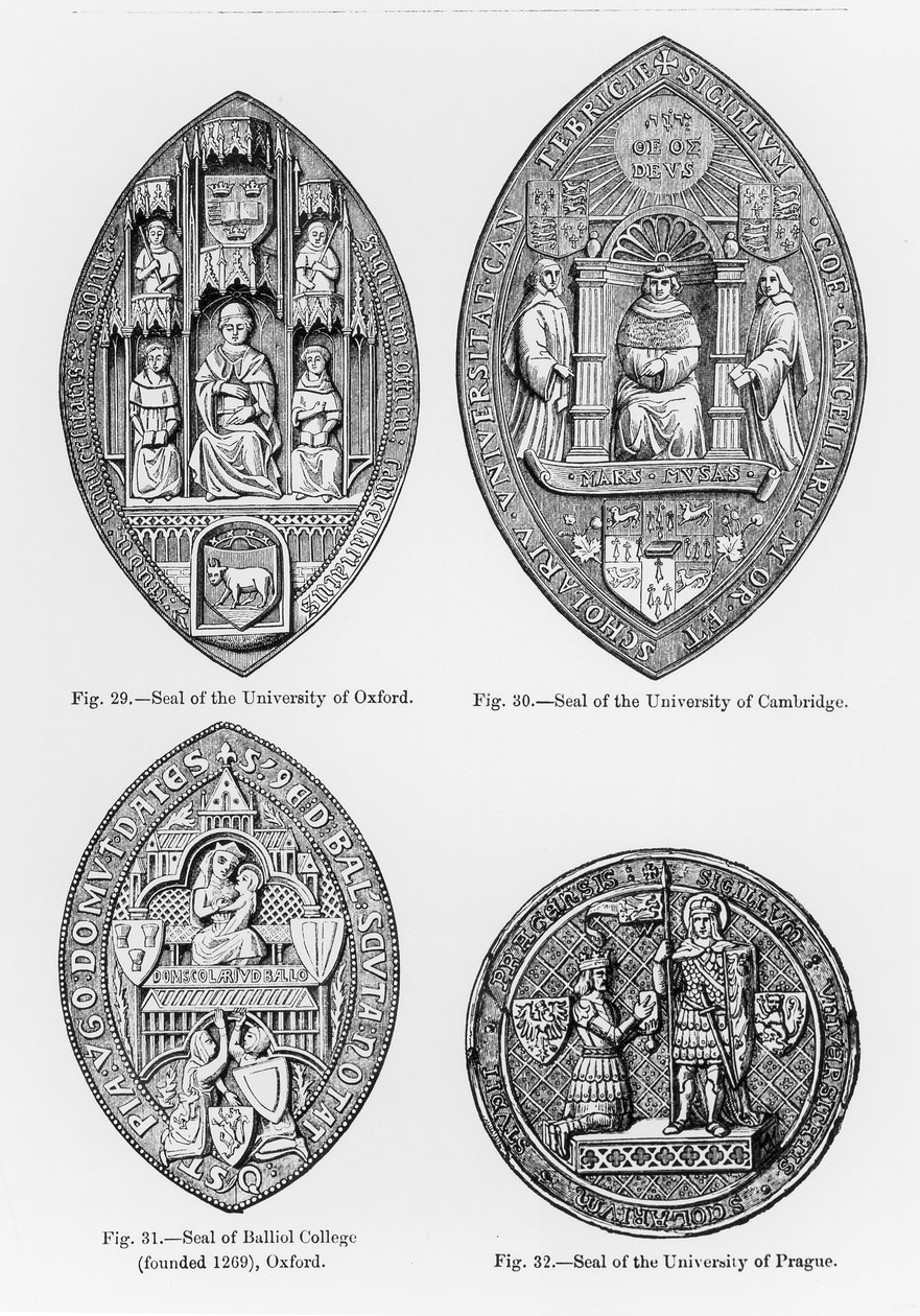 Selos da Universidade de Oxford, Cambridge, Balliol College, Oxford e Universidade de Praga, ilustração da Ciência e Literatura da Idade Média e do Renascimento, escrita por Paul Lacroix de English School