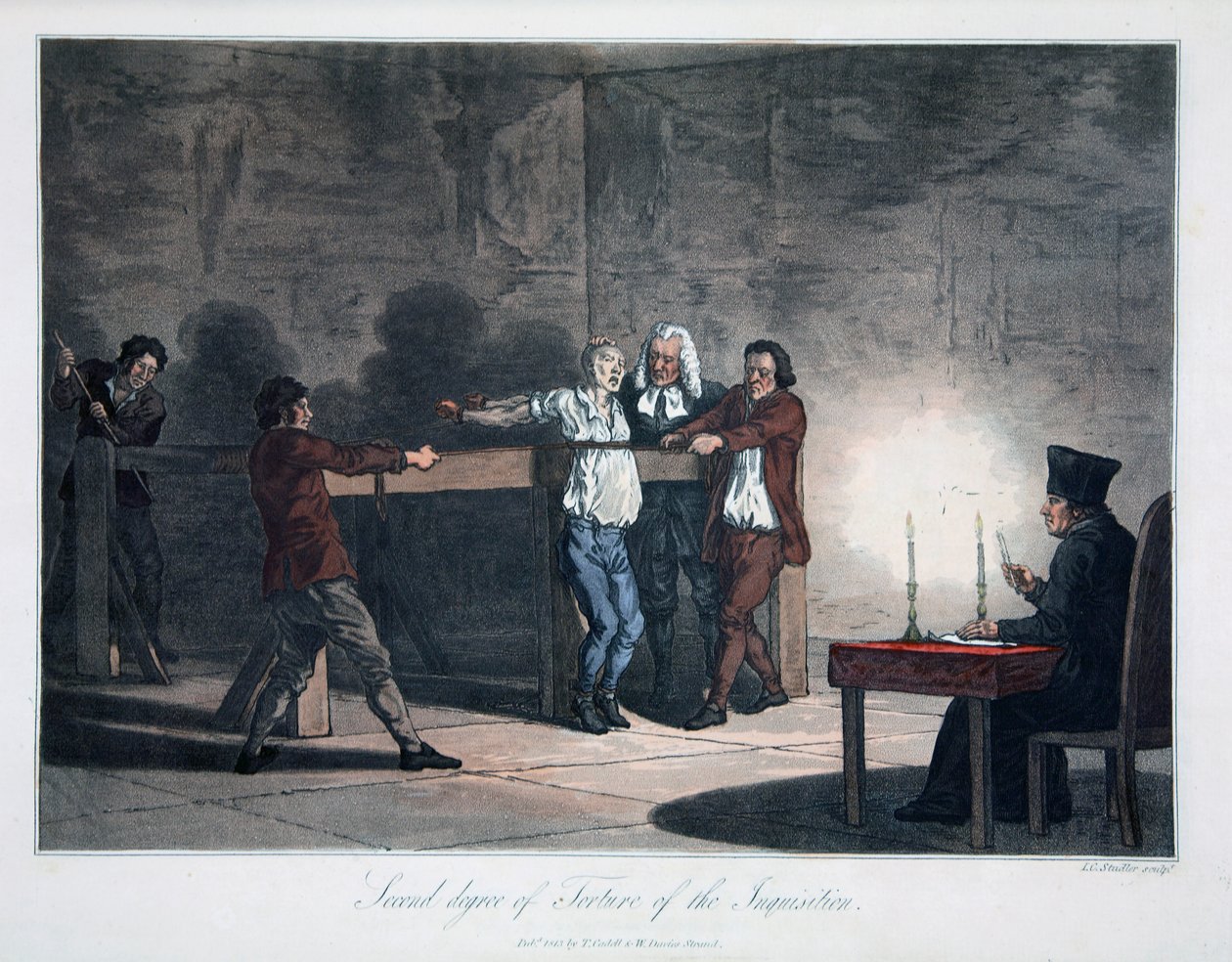 Segundo Grau de Tortura da Inquisição, gravada por L.C. Stadler, pub. por Cadell & Davies, Londres, c.1813 (gravura a cores) de English School