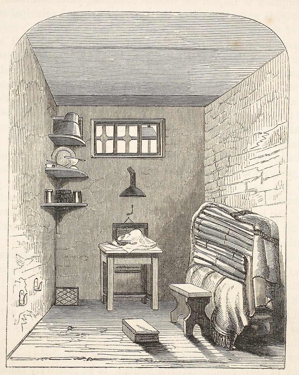 Separe a cela na parte velha da prisão em Brixton, ilustração das prisões criminosas de Londres e cenas da vida da prisão por Henry Mayhew e por John Binny, bar. 1862 de English School