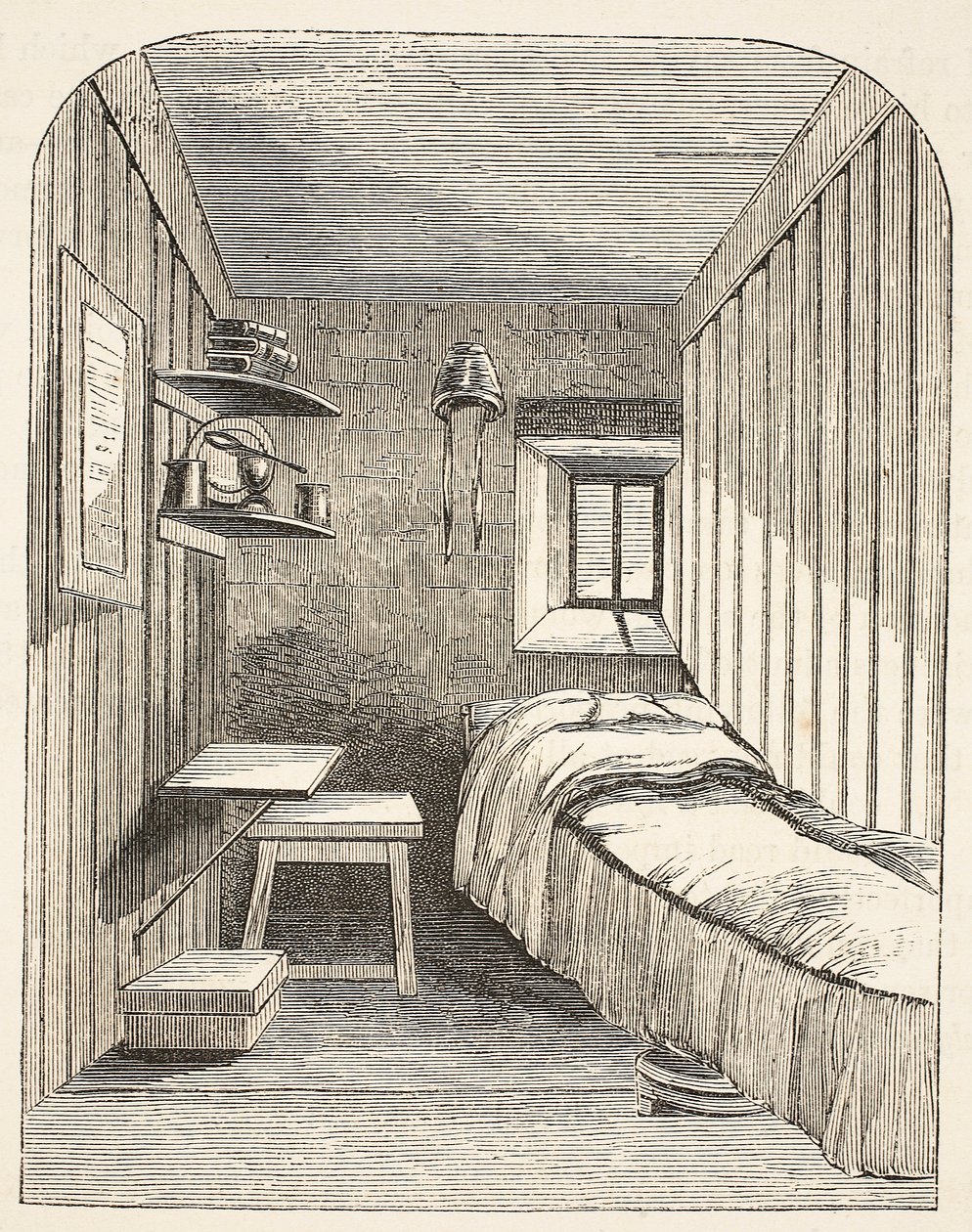 Separe a célula adormecida em uma das novas alas da Prisão Feminina em Brixton, ilustração das Prisões Penais de Londres e Cenas da Vida na Prisão de Henry Mayhew e John Binny, pub de English School