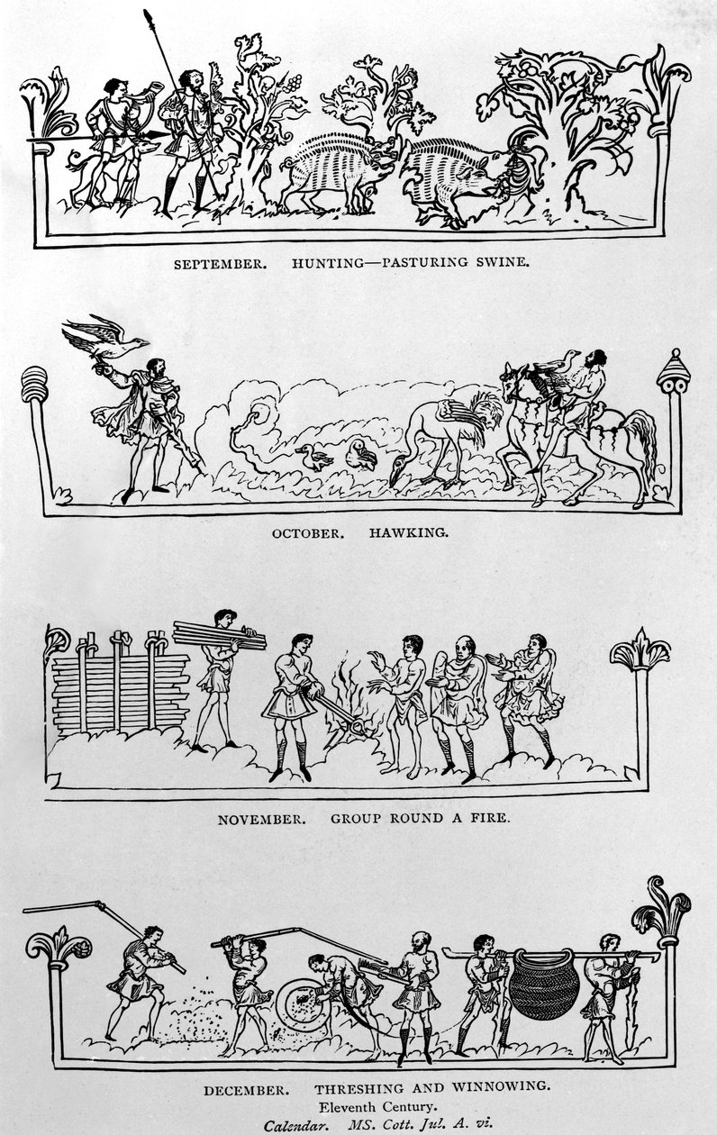 Setembro, outubro, novembro e dezembro, de "O calendário de Julius e Hymnal", ilustração de "História do povo inglês" de English School