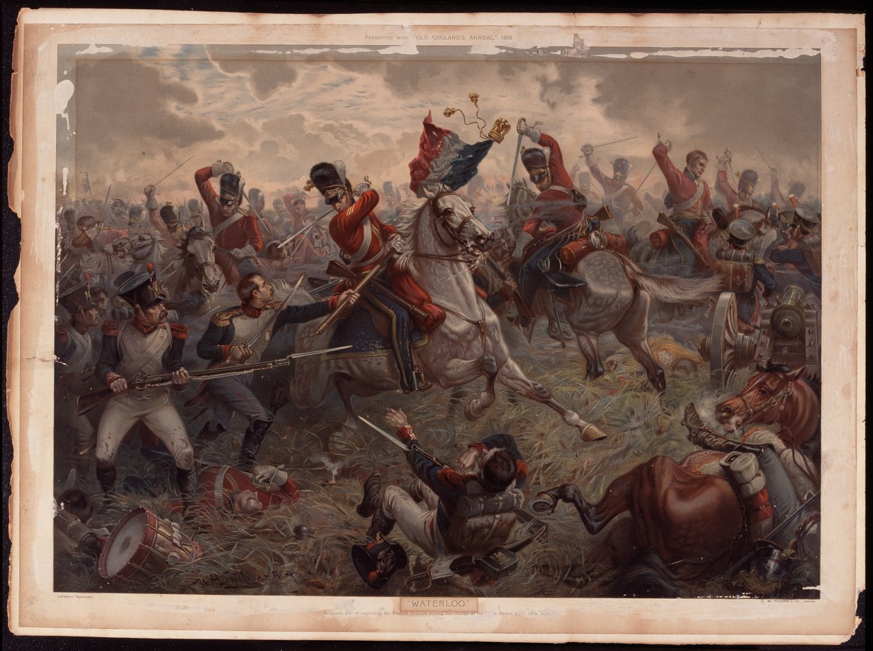 Sargento Evert capturando as cores francesas durante a carga dos Greys escoceses na Batalha de Waterloo, 18 de junho de 1815, c.1908 de English School