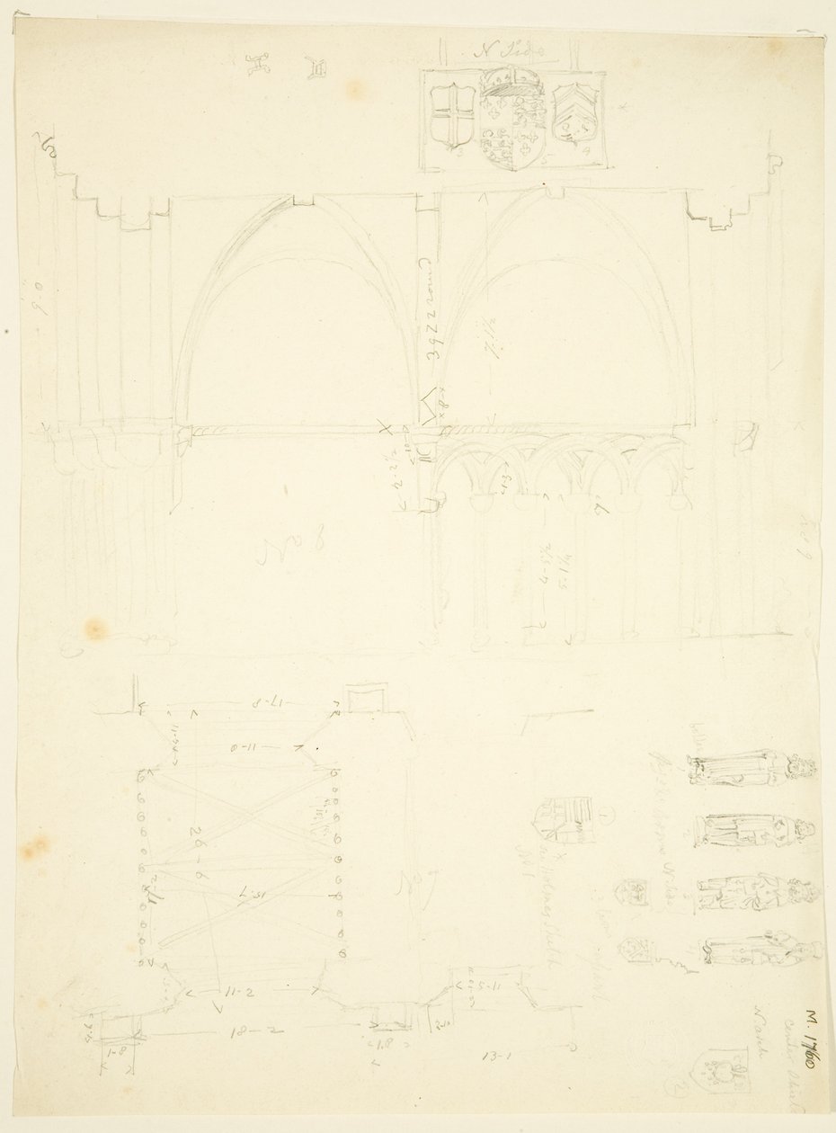 Série de Esboços de Abbey Gatehouse e da Catedral de Bristol (lápis e aguarela sobre papel) de English School