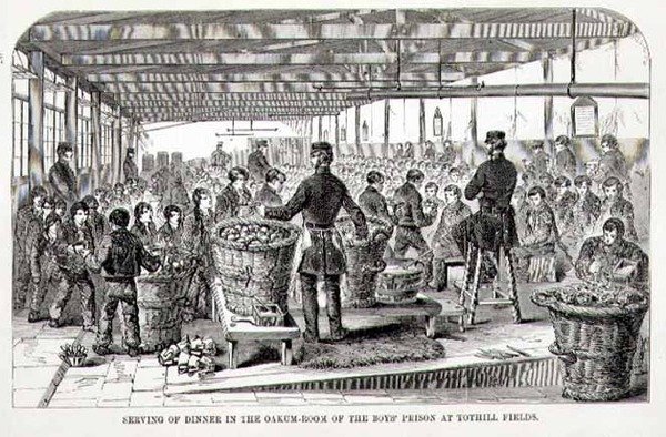 Serviço de Jantar na Sala Oakum da Prisão dos Rapazes em Tothill Fields, de "The Criminal Prisons of London and Scenes of Prison Life" de Henry Mayhew (1812-87) e John Binny de English School