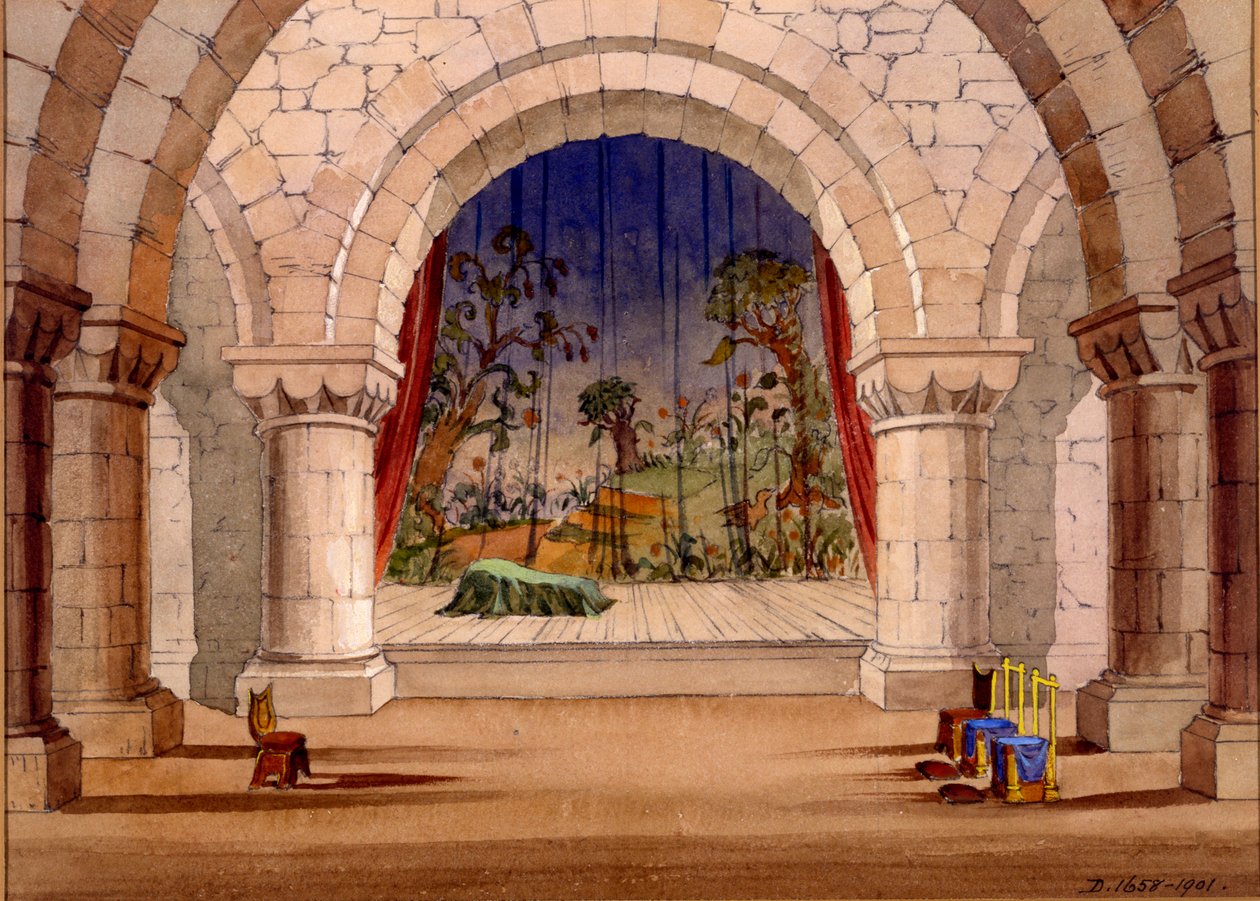 Cenário para Hamlet por William Shakespeare, 1858 (wc no papel) de English School
