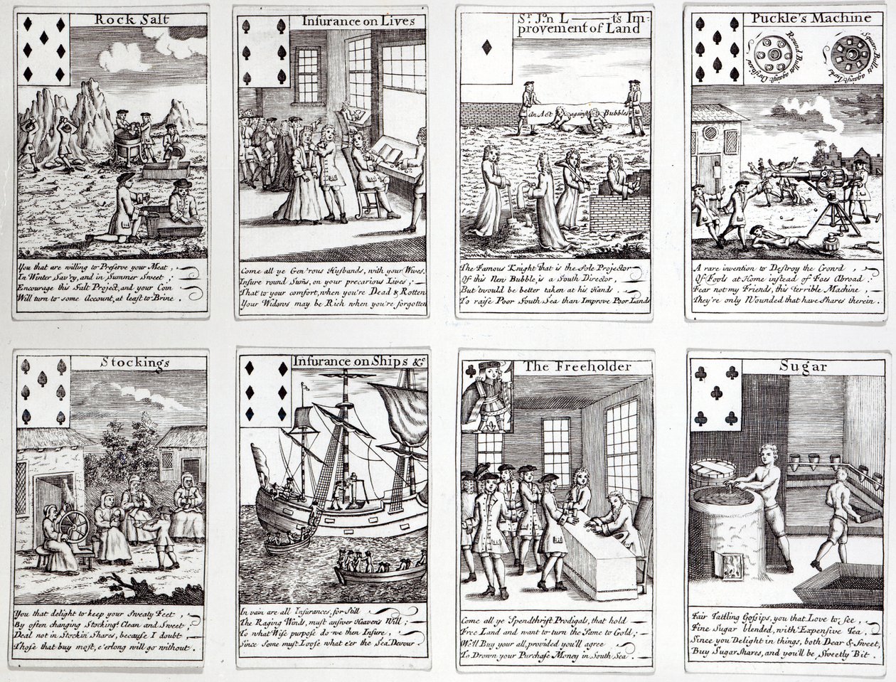 Conjunto de cartas de baralho que descrevem cenas satíricas de empreendimentos comerciais e investimentos atuais, c.1720 de English School