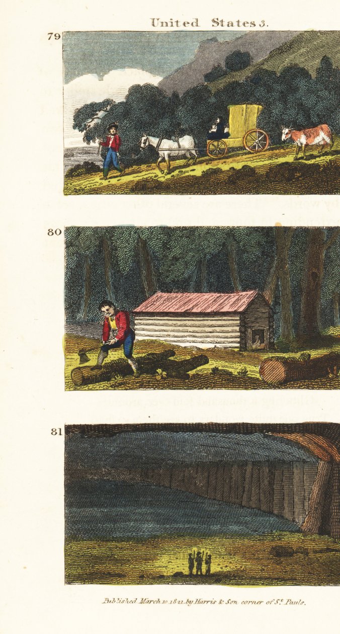 Colonos em um vagão viajando para os estados do oeste 79, colonos construindo uma cabana de madeira 80, e vista da caverna Mammoth Cave no Kentucky 81 de English School