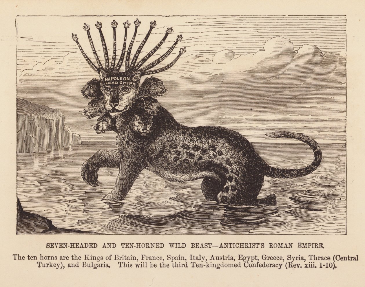 Bicho selvagem de sete cabeças e dez chifres (gravura) de English School