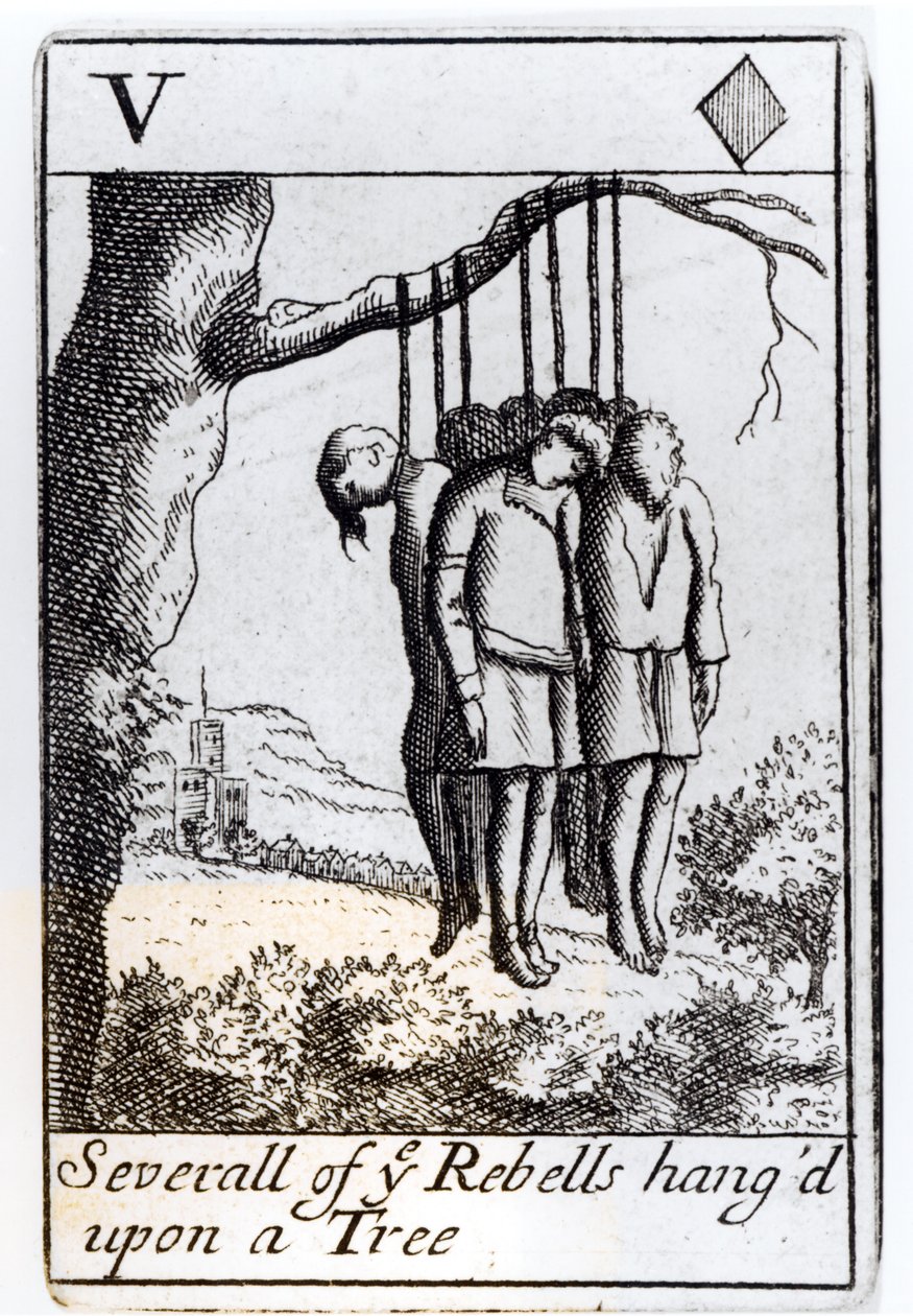 Vários rebeldes pendurados em uma árvore, cinco corações jogando cartas de um conjunto comemorativo da Rebelião de Monmouths em 1685 de English School