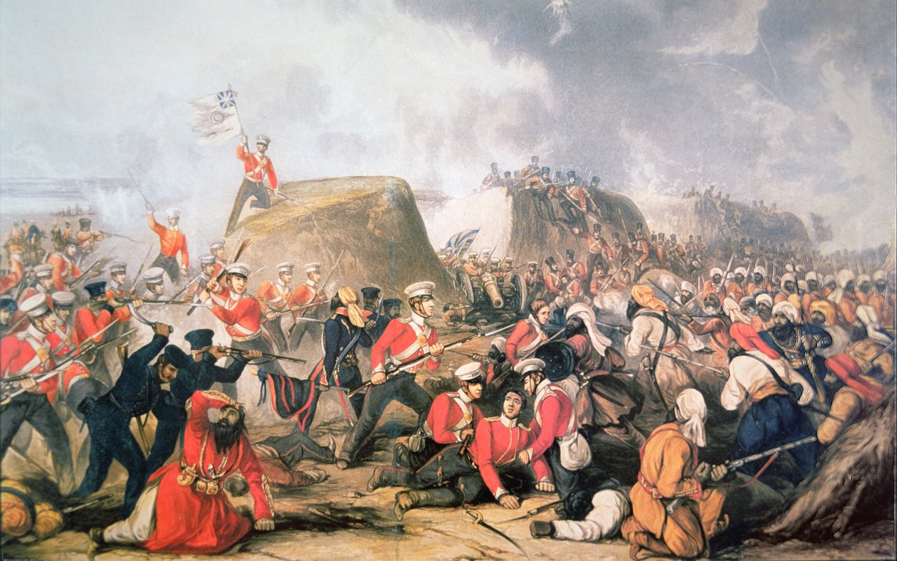 Sgt. McCabe levanta as cores das muralhas na Batalha de Sobraon (cor litho) de English School